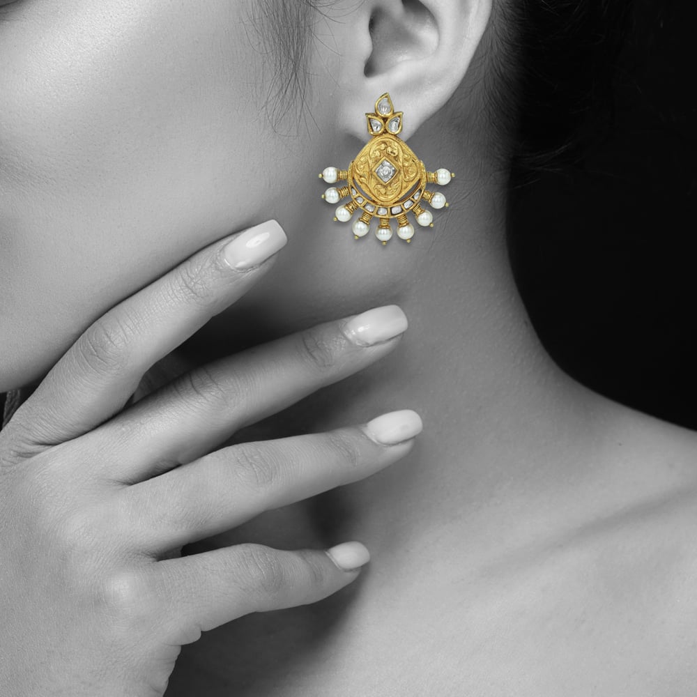 Ornate Gold Earrings with Polkis and Pearl Clusters